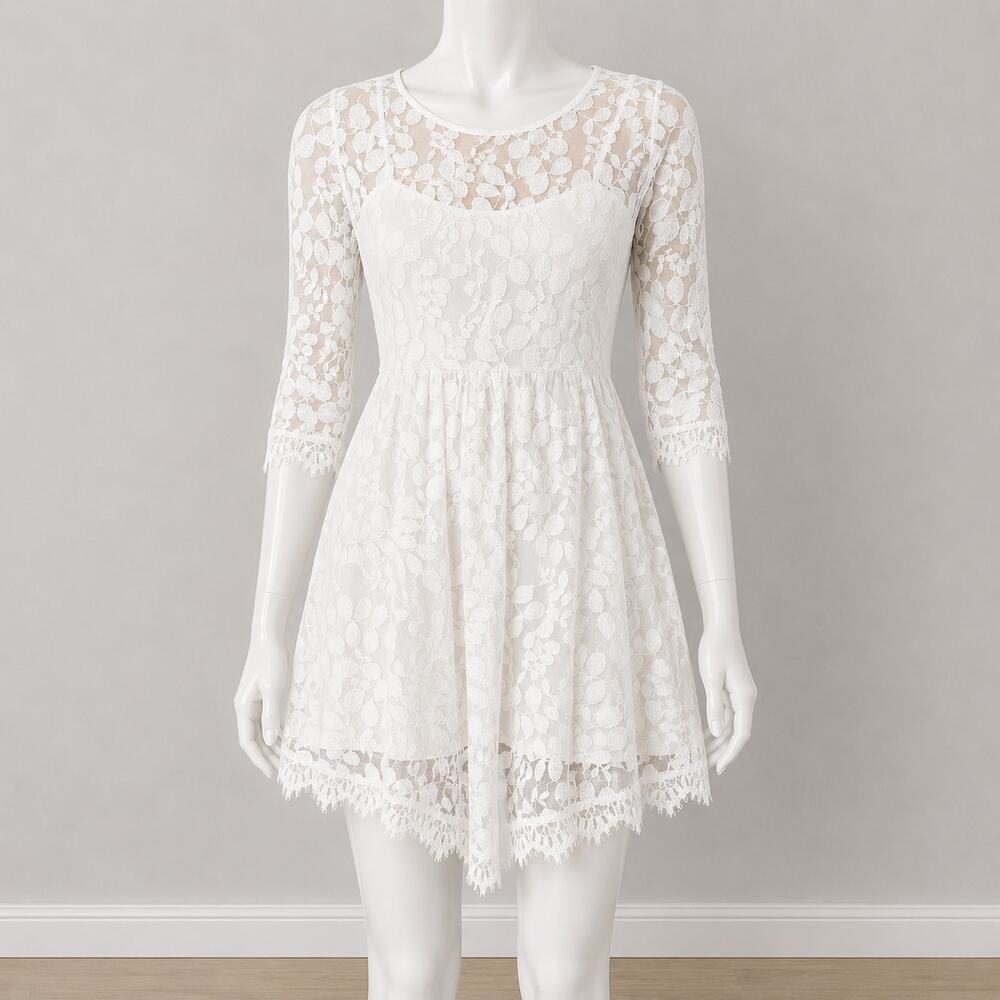 Free People Ivory Lace Fit & Flare Dress Women’s Small Boho Quarter Sleeve